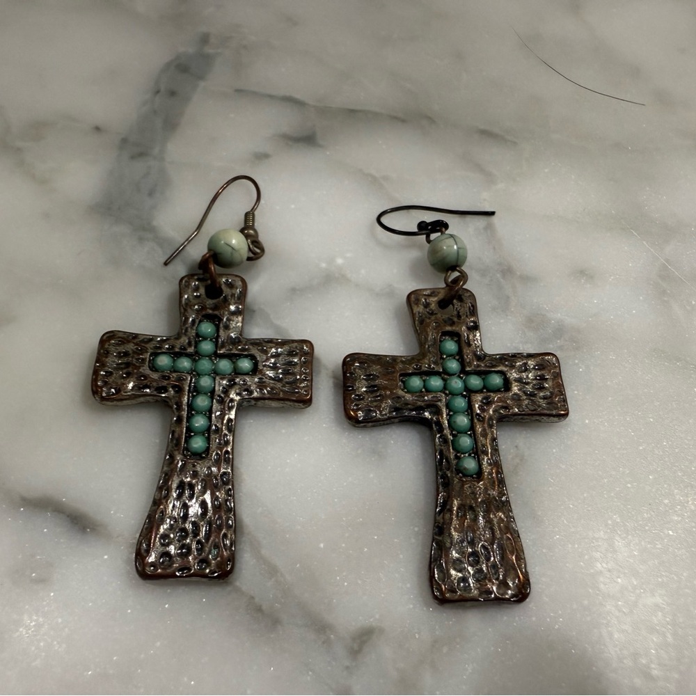 Cross Earrings with Turquoise Accents